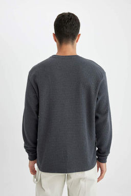 Футболка стандартного кроя с круглым вырезом и длинными рукавами вафельного цвета - Defacto фото 6