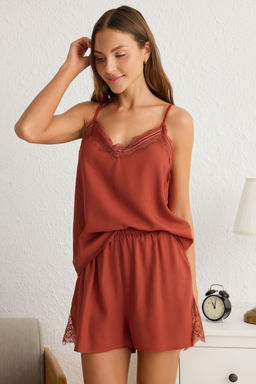 Trendyolmilla Siyah Dantelli Ip Ask?l? Viskon Sortlu Dokuma Pijama Tak?m? THMSS20PT0290 фото 14