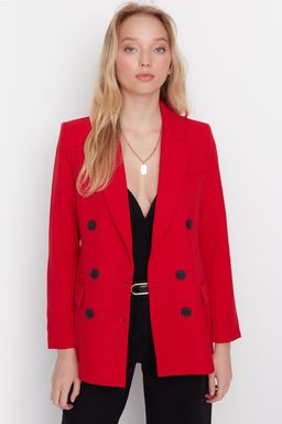 TRENDYOLMILLA K?rm?z? Dokuma Astarl? Kruvaze Kapama Blazer Ceket TWOAW23BC00019