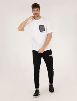 Beyaz Comfort Fit Bask_l_ Bisiklet Yaka Ti__rt