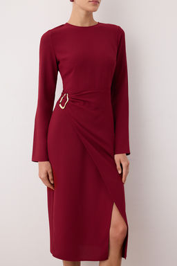 Bordo Duz A Kesim Aksesuar Detayl? Midi Dokuma Elbise TWOAW26EL00182 - Trendyolmilla фото 3