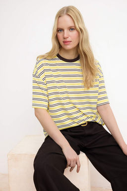 Pembe Cizgili Boxy Dusuk Kol K?sa Kollu Tok %100 Pamuk Orme T-Shirt TWOSS26TS00023 - Trendyolmilla фото 5