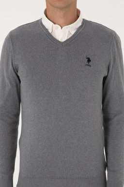 Erkek Slim Fit V Yaka Gri Melanj Basic Kazak - U.s. polo assn фото 13