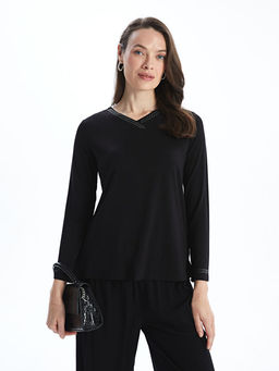 V Yaka Ta?l? Uzun Kollu Kad?n Bluz