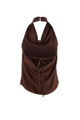 Kahverengi Degaje Yaka S?rt Dekolteli Dokuma Krep Bluz TWOSS26BZ00408