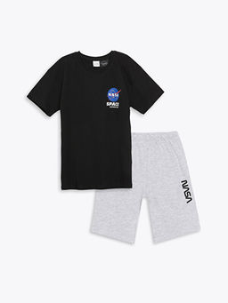 Bisiklet Yaka Nasa Bask?l? Erkek ?ocuk ?ortlu Pijama Tak?m?