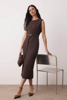 Kahverengi Kemer Detayl? Dokuma Midi Elbise TWOAW26EL00078