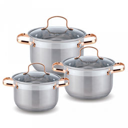 Набор посуды из нержавеющей стали "Kelli" 3 предмета: кастрюля 2,1л - д16см, 3л - д18см, 4л - 20см, шкала измерения, зеркальная поверхность, стеклянная крышка, пароотвод, клепаные ручки, 5-ти слойное капсульное дно, цветная коробка (Китай) Подходит д