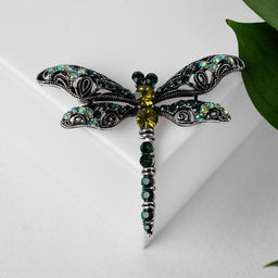 Брошь «Стрекоза ажурная», чёрный, зелёная в чернёном серебре