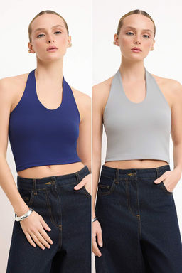 Lacivert-Gri Melanj Boyundan Gecmeli Vucuda Oturan Crop Esnek Orme Bluz TWOAW26BZ00251