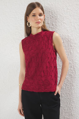 Trendyolmilla Bordo Dokulu Regular/Normal Kal?p Esnek Orme Bluz TWOSS25BZ00268  фото 9