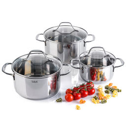 Набор кастрюль из нержавеющей стали Брилон 3 штуки: 1,5л - д16см, h8см, 3л - д20см, h10,5см, 4,3л - д22см, h11,5см, s0,5мм, дно s2,7мм, внешняя и внутренняя полировка - зеркальная, стеклянная жаропрочная крышка, пароотвод, ручки с из нержавеющей ст