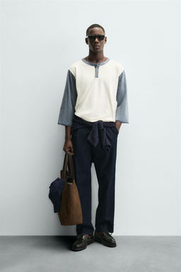 COLOUR BLOCK T-SHIRT WITH BUTTONED NECK