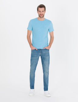 A__k Mavi Slim Fit Dokulu Bisiklet Yaka Ti__rt