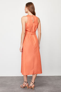 Turuncu Kusakl? 100% Pamuk Poplin Cepli Midi Dokuma Elbise TWOSS24EL00338 - Trendyolmilla фото 6