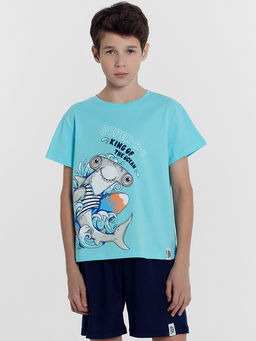 Комплект для мальчиков (футболка, шорты) бирюзовый с печатью - Mark formelle фото 2