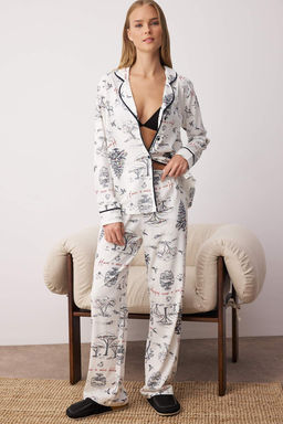 Trendyolmilla Ekru %100 Pamuklu K?s Temal? Biye Detayl? Orme Pijama Tak?m? THMAW25PT00038
