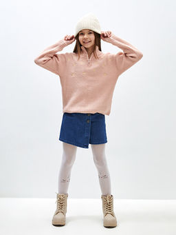 Yar?m Bal?k?? Yaka Nak??l? Uzun Kollu K?z ?ocuk Triko Kazak