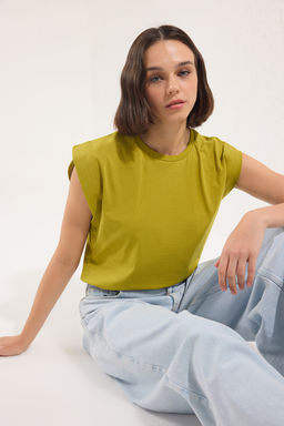 Yag yesili %100 Pamuk Vatka Gorunumlu Basic Bisiklet Yaka Orme T-Shirt TWOSS20TS0021