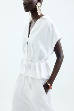 LINEN BLEND BELTED BLOUSE - Zara фото 2