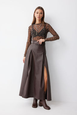 Юбка Lyushe 4187 из экокожи коричневая макси  фото 7