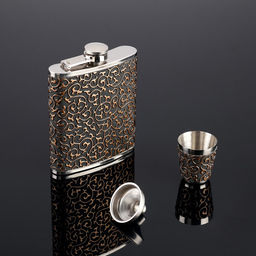 Подарочный набор 3 в 1 Завитки, чёрный с золотистым узором: фляжка 210 мл + воронка и рюмка - Simaland фото 2