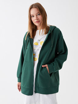 Kap??onlu D?z Oversize Kad?n Kal?n Fermuarl? Sweatshirt
