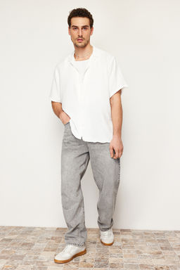 Beyaz Oversize Fit Yazl?k K?sa Kollu Keten Gorunumlu Gomlek TMNSS24GO00019