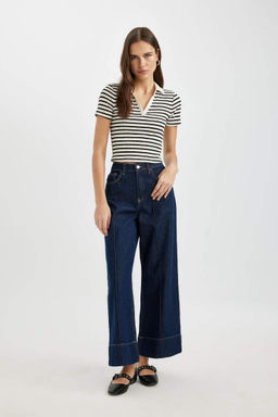 Полосатая футболка-поло приталенного кроя с короткими рукавами - Defacto фото 2