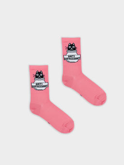 Цена за 5 пар! Носки женские лиловые с рисунком в виде котика и надписью Антидепресант - Mark formelle фото 3