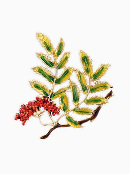 Брошь "Ветка Рябины", цвет красно-зелёный в золоте