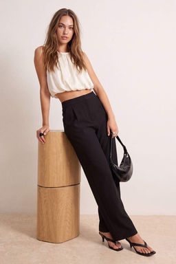 EXCLUSIVE _zel Koleksiyon Siyah Pilili Wide Leg/Geni_ Pa_a Pantolon TWOAW26PL00121