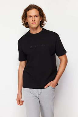 Siyah Oversize/Geni_ Kesim Kabar_k Yaz_ Bask_l_ K_sa Kollu Tok Kuma_l_ T-Shir TMNSS24TS00114
