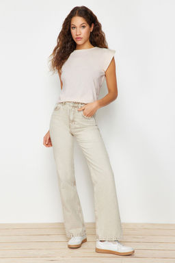 Bej %100 Pamuk Vatka Gorunumlu Basic Bisiklet Yaka Orme T-Shirt TWOSS20TS0021