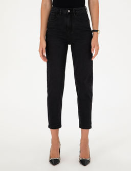 Siyah Mom Fit Geni_ Kal_p Jean Pantolon