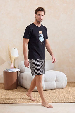 Siyah Regular Pamuklu K_sa Kol _st Ay_c_k Bask_l_ Alt _izgili Pijama Tak_m_ TMNSS26PT00013