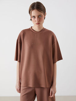 Bisiklet Yaka Bask?l? Oversize Kad?n Ti??rt