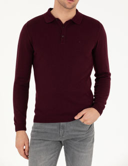 Бордово-красный базовый трикотажный свитер с воротником-поло приталенного кроя - Cacharel фото 6