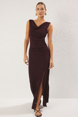 TRENDYOLMILLA Premium Kahverengi Degaje Yaka S?f?r Kol Astarl? Maxi Orme Elbise TWOSS25EL00435 фото 2