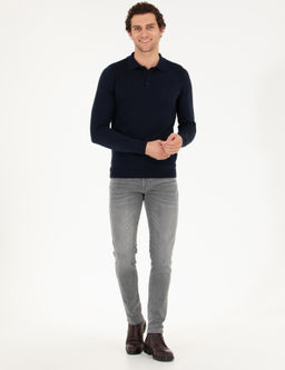 Базовый трикотажный свитер узкого кроя темно-синего цвета с воротником-поло - Cacharel фото 4