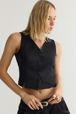 TRENDYOLMILLA Ac?k Haki Fitted Keten Gorunumlu V Yaka Crop Dokuma Yelek TWOSS25YE00028  фото 17