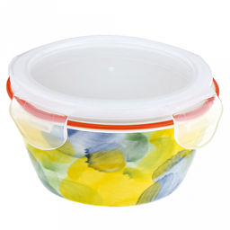 Акварель Салатник-контейнер фарфоровый 400мл, д13х6,2см, круглый, с деколью, отводка, пластмассовая крышка, герметичная, с клипсами, с силиконовым уплотнителем (Китай) - Домашняя мода фото 2