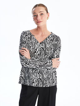 V Yaka Desenli Uzun Kollu Kad?n Bluz