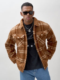 Куртка рубашка шерстяная в клетку мужская демисезонная горчичного цвета 58596G