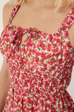 Pembe Cicekli Etegi Belden Ac?lan Lastikli Mini Dokuma Elbise TWOSS25EL00033 - Trendyolmilla фото 4