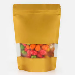 Цена за 100 шт. Пакет дой - пак, матовый, золотой с окном, 14×20+ 4 см