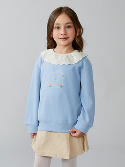 Bisiklet Yaka ?i?ekli K?z ?ocuk Sweatshirt 2li