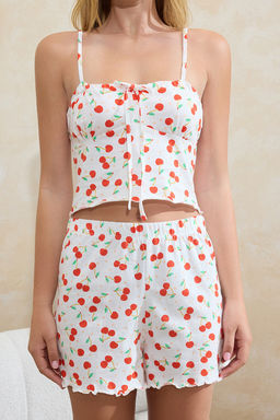 Trendyolmilla Pembe %100 Pamuklu Kiraz Desenli Ip Ask?l? Sortlu Orme Pijama Tak?m? THMSS22PT0649  фото 19