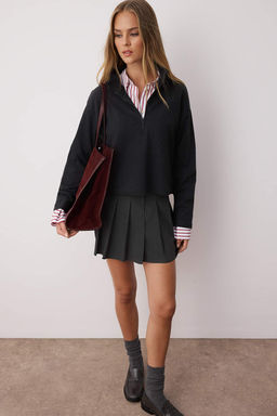 Antrasit Selanik/Triko Gorunumlu Fermuarl? Yaka Regular/Normal Kal?p Orme Sweatshirt TWOAW22SW0732