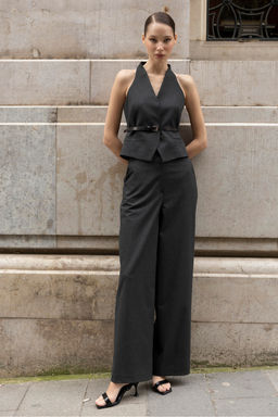 Siyah Premium Kumas Cizgili Kemerli Yelek Pantolon Dokuma Alt - Ust Tak?m TWOAW26AU00069